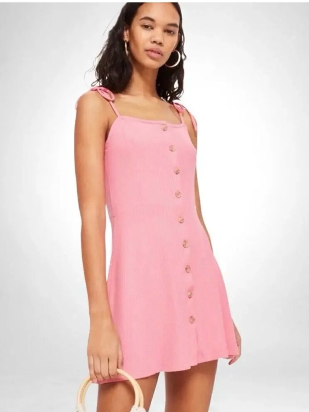 Topshop Pink Button-Front Tie-Strap Ribbed Mini Dress